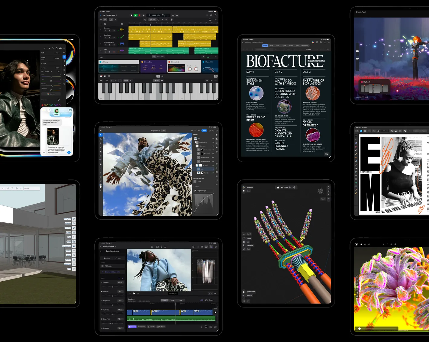 多個 iPad Pro 顯示器展示 iPadOS app 正打開創作專案，包括 Logic Pro、Adobe Lightroom、Adobe Photoshop、Final Cut Pro、Trimble SketchUp、Microsoft Word、Procreate Dreams、Affinity Designer 2、Shapr3D 和 Octane X