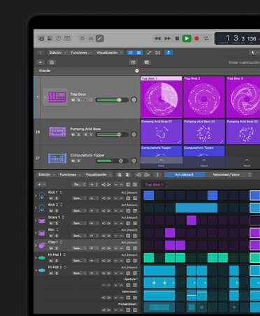 Pantalla de una MacBook Pro de 16 pulgadas, interfaz de Logic Pro con una ventana abierta de Crunchy Synth donde se ven ondas de sonido que representan la música de un piano de cámara, los instrumentos y los efectos en segundo plano