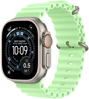 Apple Watch Ultra 3, color natural, caja de titanio, carátula Orientación, complicaciones: clima, ubicación del auto estacionado, satélite y distancia a la superficie, parte lateral derecha, Digital Crown, micrófono, botón lateral, correa Ocean, color verde neón