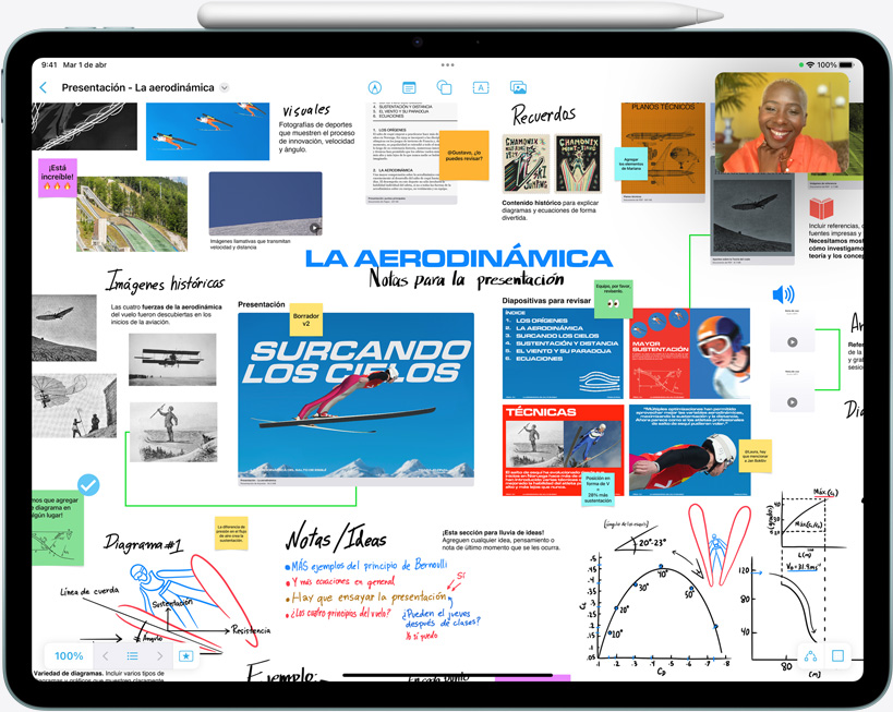 iPad Air, muestra Freeform y a una persona en una llamada de FaceTime
