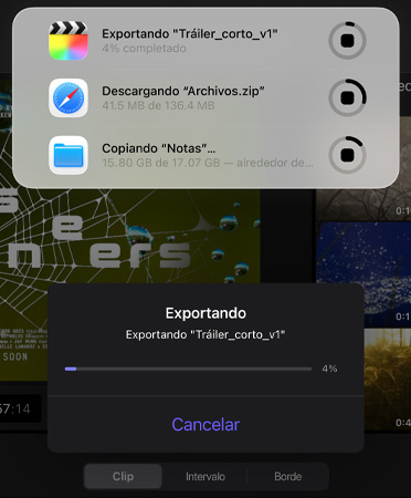Una lista de Actividades en Vivo ejecutándose en simultáneo, la lista incluye un tráiler que se está exportando, grandes archivos descargándose y “Notas” moviéndose a “Respaldo”