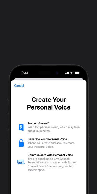 iPhone 16 Pro screen showing Personal Voice feature with instructions on how to create your Personal Voice