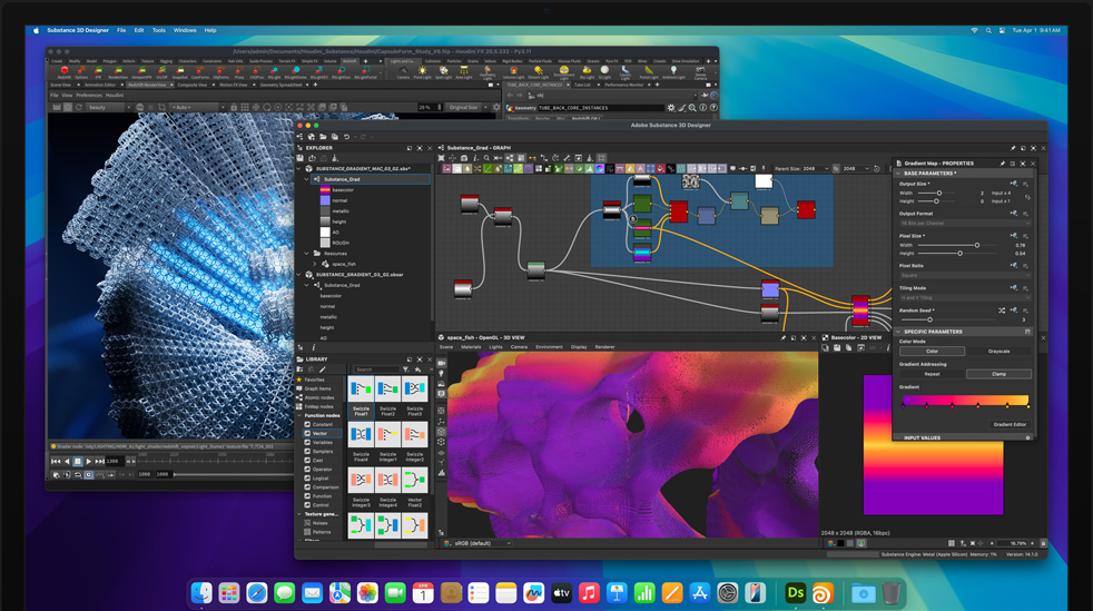 Screen of Adobe Substance 3D Designer, Houdini, and Redshift applications being used to edit on M4 Max Mac Studio