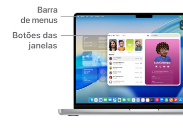 Visita guiada à navegação do macOS, como a barra de menus na parte superior do ecrã do dispositivo MacBook e Dock.