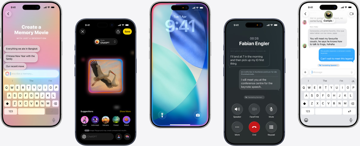 Five iPhone devices showing Apple Intelligence features: creating a Memory Movie, generating artwork in Image Playground, the iOS Lock Screen with inner glow, Live Translation during a phone call and real-time translation in Messages.