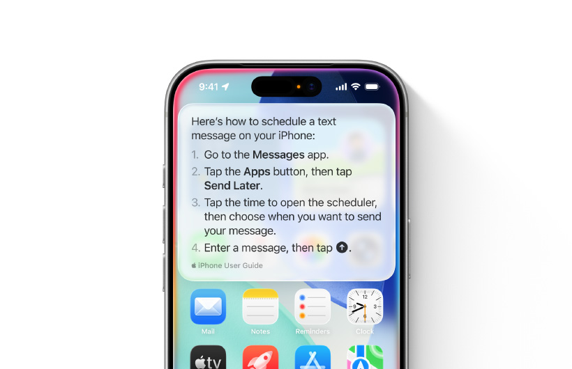An iPhone is shown with step-by-step guidelines on how to schedule a text message to send later