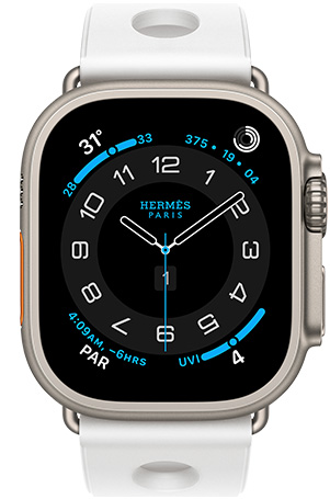Apple Watch Hermès Ultra 3, titanium case, natural colour, Hermès Circulaire watch face, complications: weather, activity rings, Paris time, UV index, Scub’H Diving strap, blanc colour