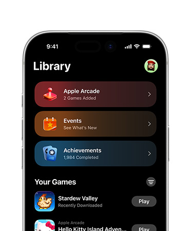 iPhone, top half of screen showing Games app layout, including Library tab, Apple Arcade, Events, Achievements and All Games section
