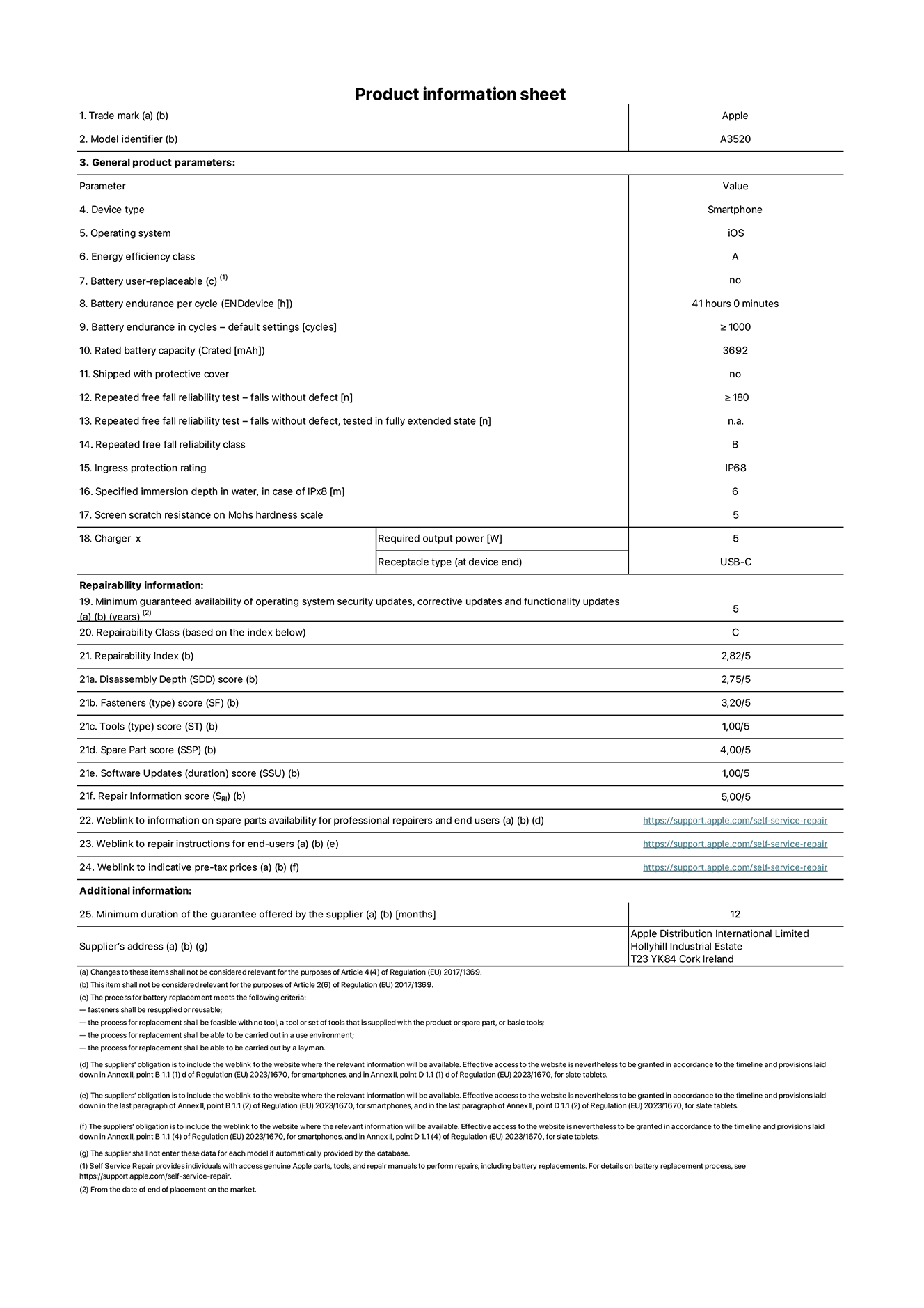 Product information sheet for iPhone 17, model A3520. Supplied by Apple Distribution International Limited, Hollyhill Industrial Estate. Cork, Ireland, T23 YK84. Device type: smartphone. Operating system: iOS. Energy efficiency class: A. Battery user-replaceable: no. Battery endurance per cycle: 41 hours. Battery endurance in cycles - default settings: greater than or equal to 1,000. Rated battery capacity: 3,692 milliampere-hours. Shipped with protective cover: no. Repeated free fall reliability test - falls without defect: greater than or equal to 180. Repeated free fall reliability test - falls without defect tested in fully extended state: not applicable. Repeated free fall in reliability class: B. Ingress protection rating: IP68. Specified immersion depth in water, in case of iPx8: 6 metres. Screen scratch resistance on Mohs hardness scale: 5. Charger required output power: 5 watts. Charger receptacle type (at device end): USB-C. Minimum guaranteed availability of operating system security updates, corrective updates and functionality updates: 5 years. Repairability class: C. Repairability index: 2.82/5. Disassembly Depth (SDD) score: 2.75/5. Fasteners score: 3.20/5. Tools score: 1.00/5. Spare part score: 4.00/5. Software updates score: 1.00/5. Repair information score: 5.00/5. Weblink to information on spare parts availability for professional repairers and end-users: https://support.apple.com/self-service-repair. Weblink to repair instructions for end-users: https://support.apple.com/self-service-repair. Weblink to indicative pre-tax prices: https://support.apple.com/self-service-repair. 12-month general guarantee offered.