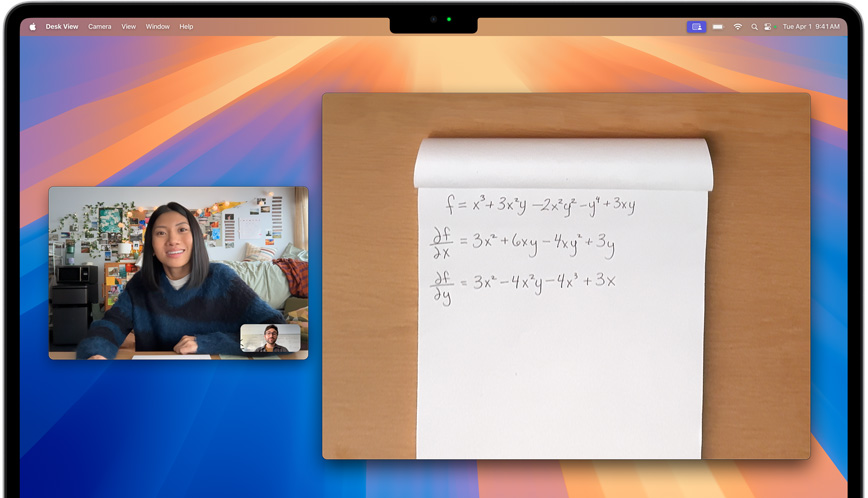 วิดีโอคอลที่ใช้คุณสมบัติมุมมองด้านหน้าโต๊ะ ซึ่งจะเพิ่มมุมมองของพื้นที่ทำงานของผู้ใช้ในวิดีโอคอล