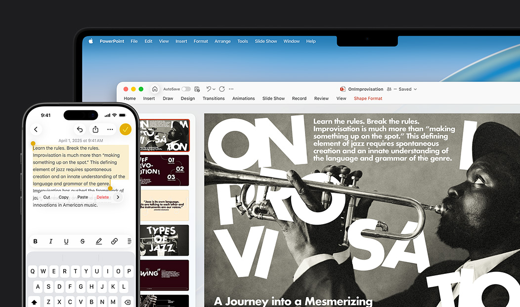 iPhone 16 Plus แสดงข้อความที่ไฮไลท์ในแอปโน้ต, MacBook Pro แสดงสไลด์ Keynote ที่เปิดอยู่, ข้อความจากแอปโน้ตแสดงให้เห็นอยู่บนสไลด์