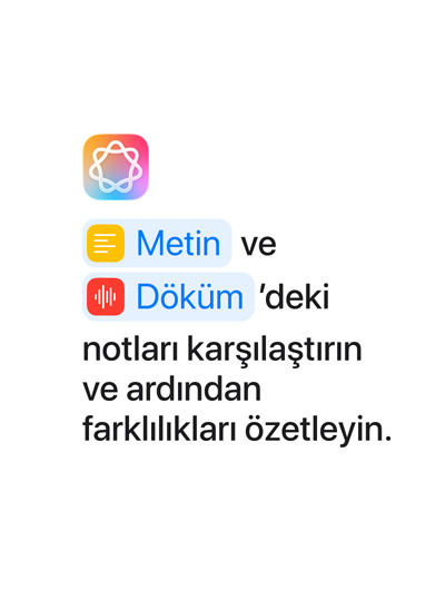 Metin ve Dökümdeki notları karşılaştır ve ardından farklılıkları özetle ifadesi, “Metin” ve “Döküm” kelimeleri, Kestirmeler uygulamasında olduğu gibi mavi renkle vurgulanmış