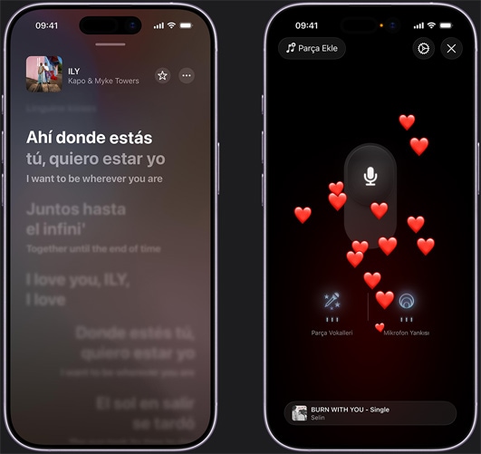Soldaki iPhone’da Kapo ve Myke Towers’ın “ILY” adlı şarkısının oynatıldığı Apple Music ile Şarkı Söyle özelliği gösteriliyor, sağdaki iPhone’da ekranın alt kısmından yükselen kalp emojileriyle birlikte iPhone’daki Apple Music ile Şarkı Söyle özelliği gösteriliyor, ekranın ortasındaki mikrofon simgesi, ekranın alt kısmındaki “Parça Vokalleri” ve “Mikrofon Yankısı” simgeleri