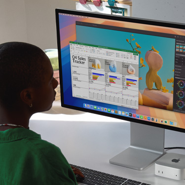 Çalışma masasında oturan ve Mac’te bir Excel hesap tablosu üzerinde çalışan bir kadın. Excel hesap tablosunda 4. çeyrek satış verileri bulunuyor. Excel hesap tablosu penceresinin arkasında bir Pixelmator Pro penceresi görülüyor.