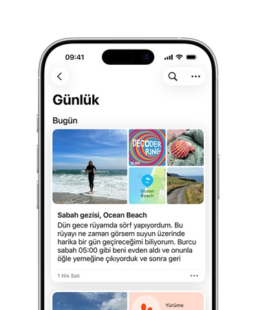 Önden görünen iPhone 16’nın ekranında Günlük uygulaması görülüyor