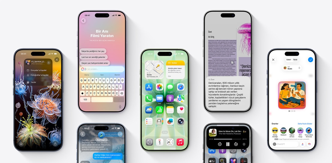 Her birinin ekranında farklı iOS 26 ve Apple Intelligence özellikleri gösterilen bir dizi iPhone 17 ve 17 Pro aygıtı
