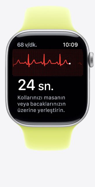 Apple Watch Series 11, alüminyum kasa, EKG uygulaması, sağ üst köşede vuruş/dakika, ortada ritim çizgisi ve zamanlayıcı, Spor Kordon, neon sarı renk