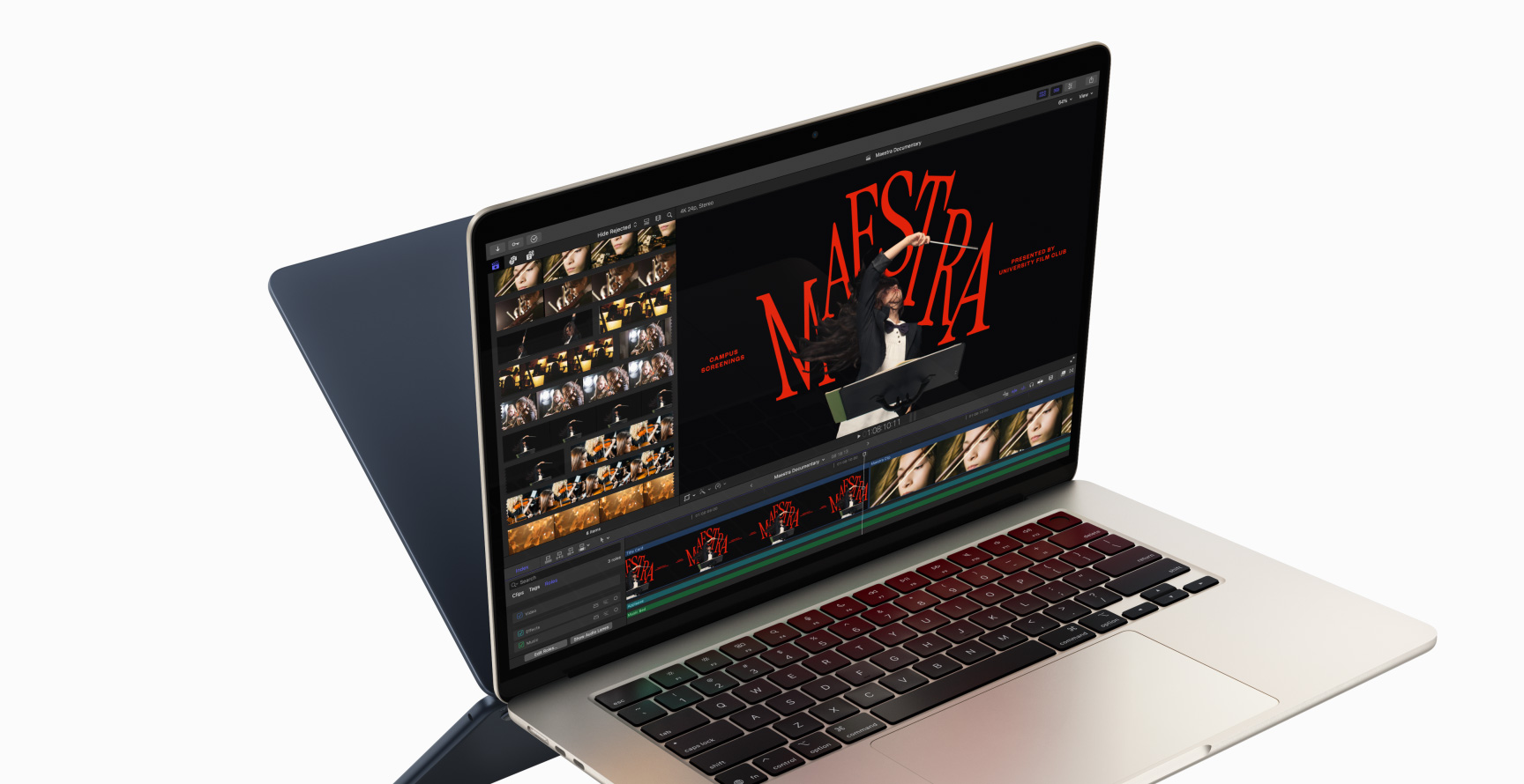 Редагування відео у Final Cut Pro на MacBook Air для демонстрації можливостей чипа M4, задня частина другого MacBook Air з’являється позаду першого, як віддзеркалення