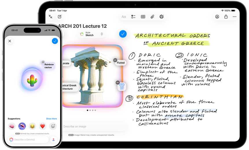 iPhone and iPad showing Genmoji creating a rainbow cactus, and Image Wand turning a sketch into a Mughal pavilion.