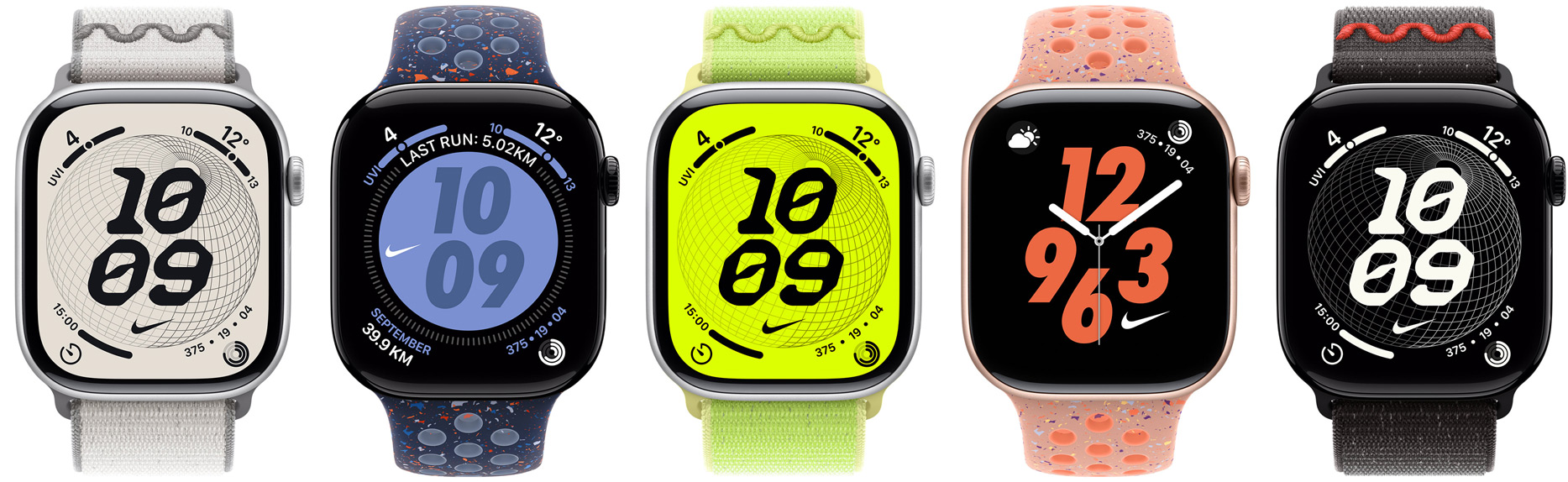 Apple Watch devices, Nike straps: veiled grey Nike Sport Loop, blue ribbon Nike Sport Band, volt splash Nike Sport Loop, alpenglow pink Nike Sport Band, midnight black Nike Sport Band, Nike watch faces: Globe, Hybrid, Bounce, Digital
