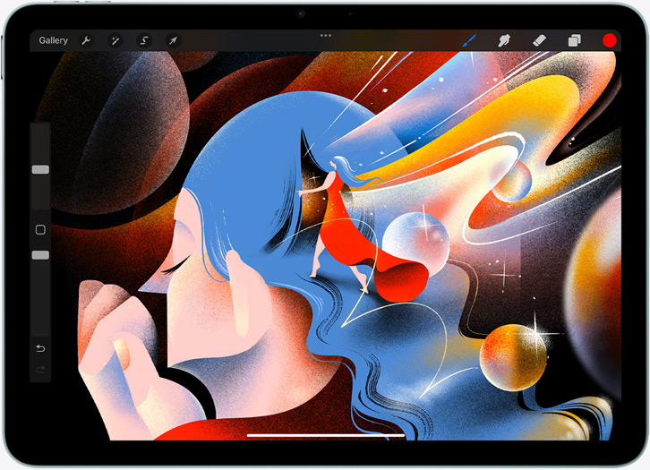 iPad Air, landscape orientation, screen displays an illustration in the Procreate app