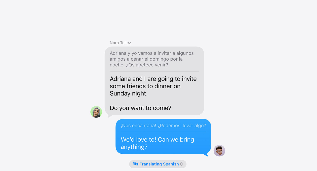 Live Translation in Messages, showing an example of automatic translation between Spanish and English