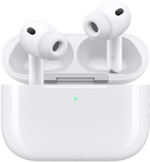 AirPods Pro 3 koos MagSafe laadimiskarbiga (USB‑C), ümardatud karbi välispind, LED-akuindikaator, karbi kaane avamine, valge värv, juhtmevabad kõrvaklapid silikoonist otsikutega, varre siseküljel märgitud tähised