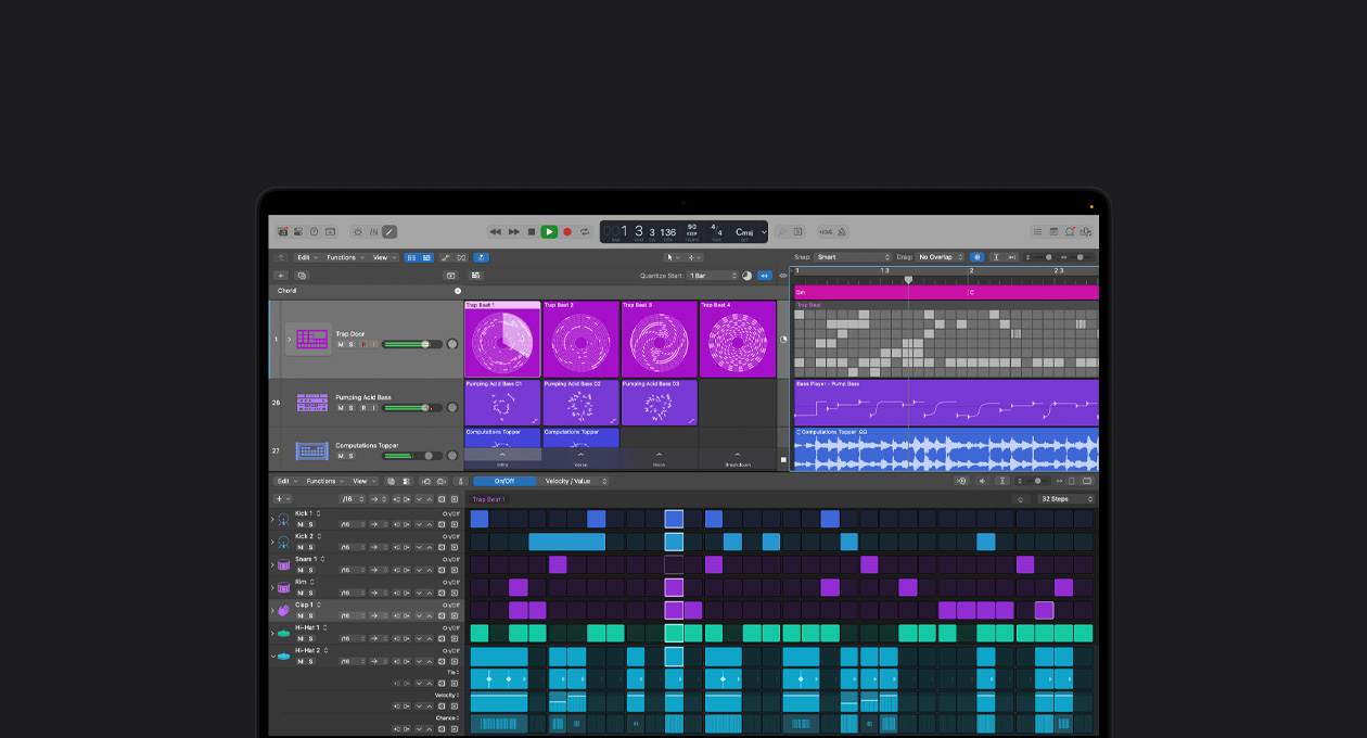 MacBook Pro 16 screen showing Logic Pro mixing board with purple and pink squares representing different audio layers and sounds, and beat making tools with different color blocks representing different percussion instruments at the bottom.