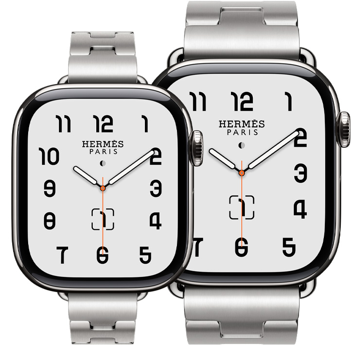 Dos dispositivos Apple Watch Hermès Series 11, cajas de titanio, color plata, correas Grand H Fin y Grand H color Satiné