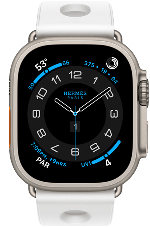 Apple Watch Hermès Ultra 3, Titangehäuse, Farbe Natur, Hermès Circulaire Zifferblatt, Komplikationen: Wetter, Aktivitätsringe, Paris Zeit, UV Index, Scub’H Diving Armband, Farbe Blanc