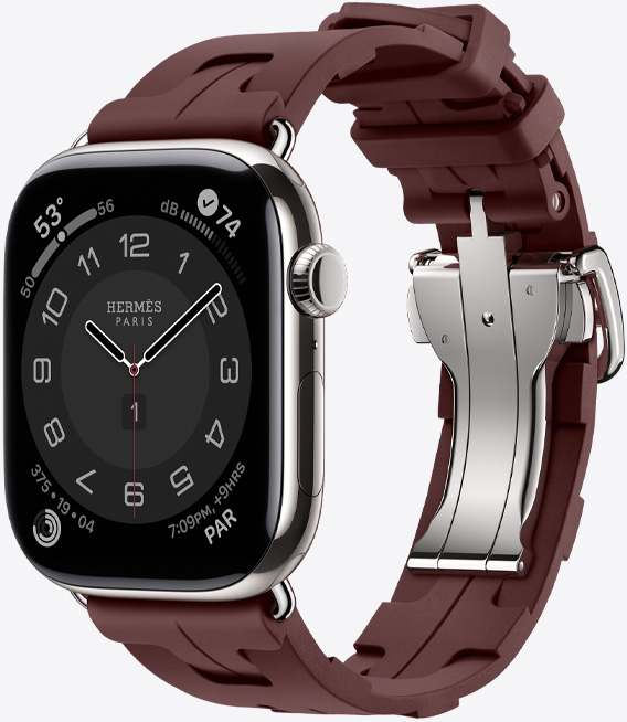 Apple Watch Hermès Series 11, Titangehäuse, Farbe Silber, Kilim Armband, Farbe Bordeaux, leicht zu öffnende Metallschliesse Silber