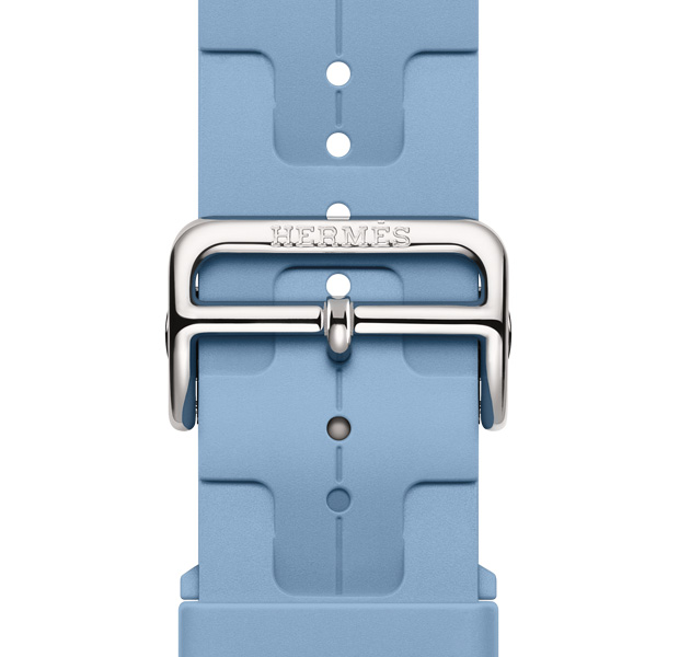 Apple Watch Hermès Series 11 Kilim band, bleu pastel color, Hermès logo engraved on silver buckle