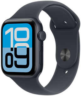 Apple Watch SE 3 med urkasse i aluminium i farven midnat, Flux-urskive, Digital Crown, mikrofon og sideknap i højre side, Sportsrem i farven midnat med sølvfarvet stiftlukning