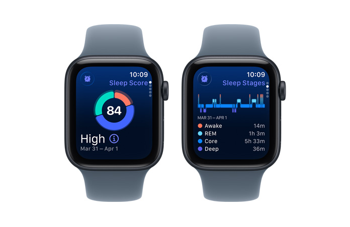 Apple Watch SE 3, Søvnresultat, cirkeldiagram og talresultat, Søvnstadier analyserer stadierne Vågen, REM, Kerne og Dyb søvn