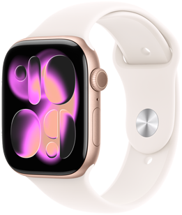 Apple Watch Series 11, ružičasto zlatna boja, aluminijsko kućište, brojčanik Responsive Art, desna vanjska strana, Digital Crown, mikrofon, bočna tipka, sportski remen, rumena boja, srebrna kopča