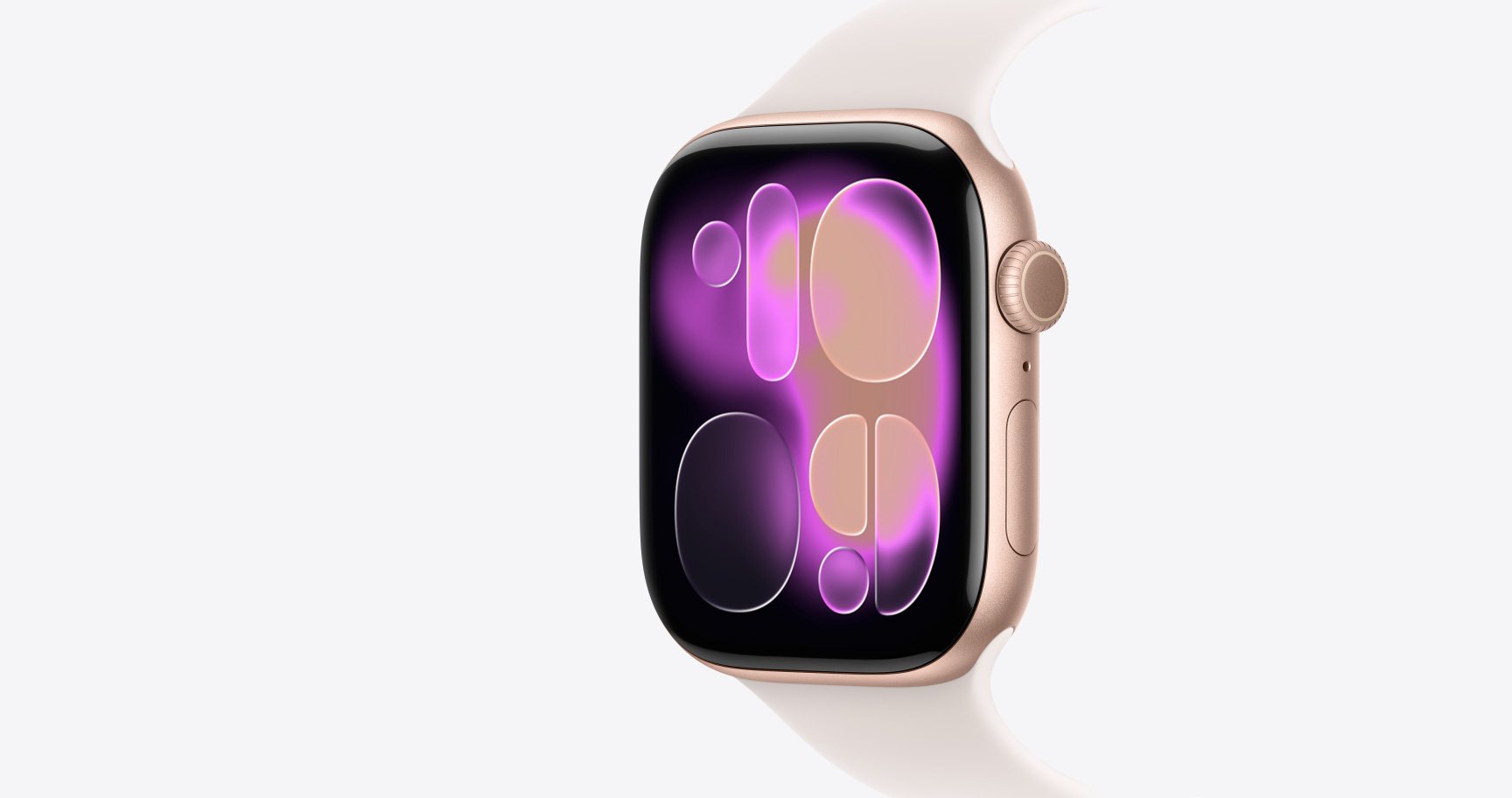 Apple Watch Series 11, ružičasta zlatna boja, aluminijsko kućište, brojčanik Responsive Art, vanjska desna strana, Digital Crown, mikrofon, bočna tipka, sportska narukvica, boja rumena