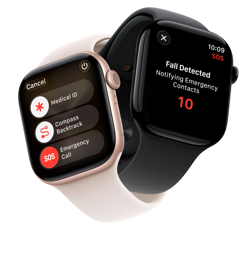 Apple Watch Series 11 uređaji, aluminijska kućišta, ružičasto zlatna i polirano mrak crna boja, sigurnosne značajke na zaslonu: zdravstvena karta, povratak s kompasom, hitan poziv, animacija, sportski remeni, rumene i crne boje