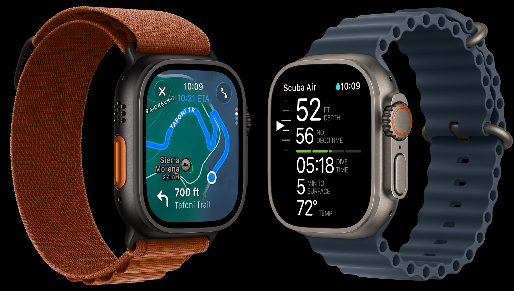 Apple Watch Ultra 3-devices, kasten van titanium, kleuren zwart en naturel, kaart van wandelroute, duikgegevens, bandjes, Alpine-bandje, kleur terracotta, Ocean-bandje, kleur ankerblauw