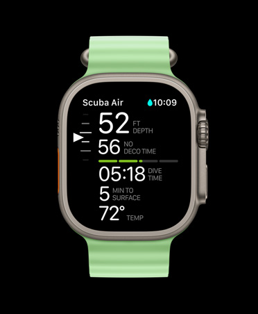 Apple Watch Ultra 3, kast van titanium, kleur naturel, duikgegevens in Oceanic+: diepte, decompressietijd, duiktijd, minuten tot oppervlak, watertemperatuur, Ocean-bandje, kleur neongroen