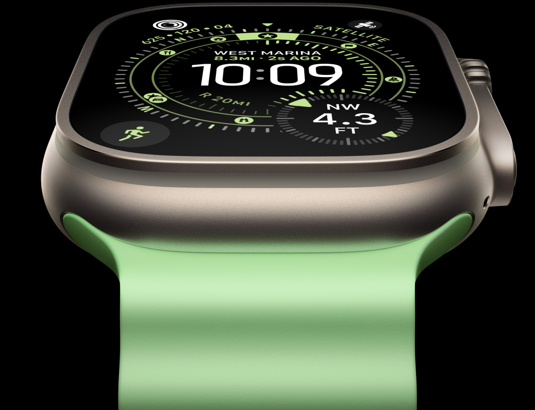 Apple Watch Ultra 3, kast van titanium, kleur naturel, kompas op wijzerplaat Oriëntatie, Ocean-bandje, kleur neongroen