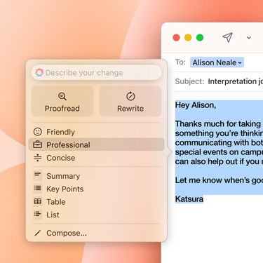 Apple Intelligenceのプロンプトを使って作成されたビジネスEメール。