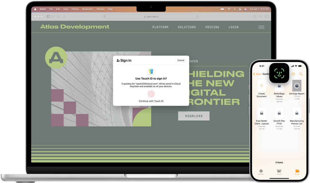 Touch IDウインドウが表示されているMacBookの正面画像。MacBookの手前には、Face IDの画面が表示されているiPhoneがある。