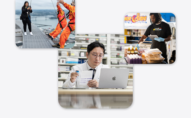 Various small businesses, including a pharmicist in a lab coat interacting with a MacBook, a bungee jumping instructor taking an iPhone photo of two people about to bungee jump, and a man holding an iPad while interacting with food items.