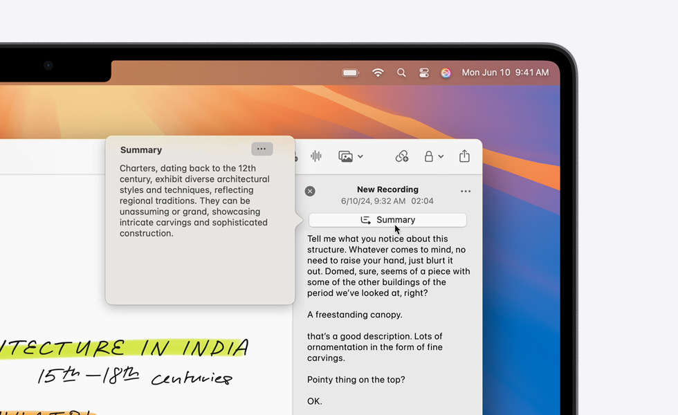 The summary of an audio transcript in the Notes app on MacBook, created by Apple Intelligence Summaries tool