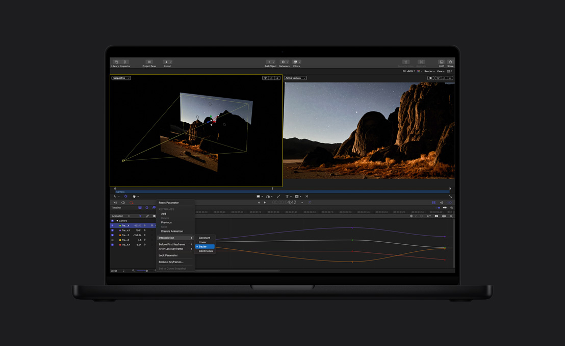 MacBook Pro 16, mountains with demonstration of keyframe editing