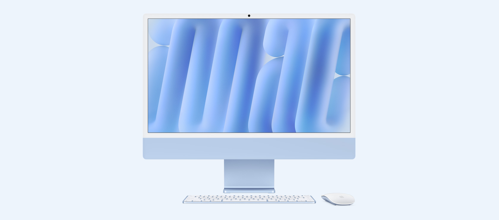 Front view of a blue iMac with colour-matching mouse and keyboard