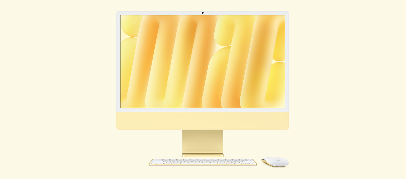 Front view of a yellow iMac with colour-matching mouse and keyboard