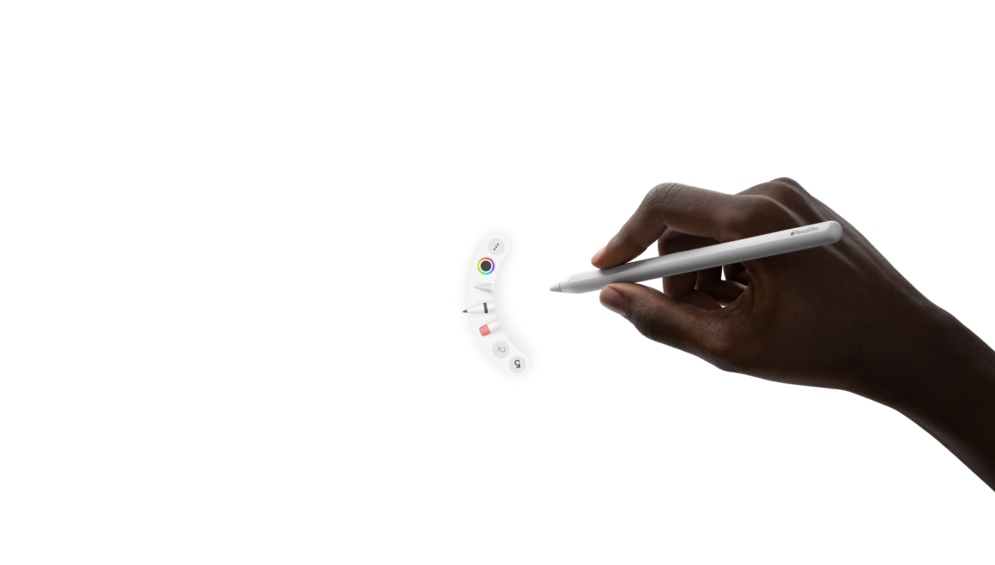 iPad Pro vist forfra i vandret position, animation af en højre hånd, der holder Apple Pencil Pro og bruger klemmefunktionen til at åbne en palet med værktøjer under spidsen af pennen