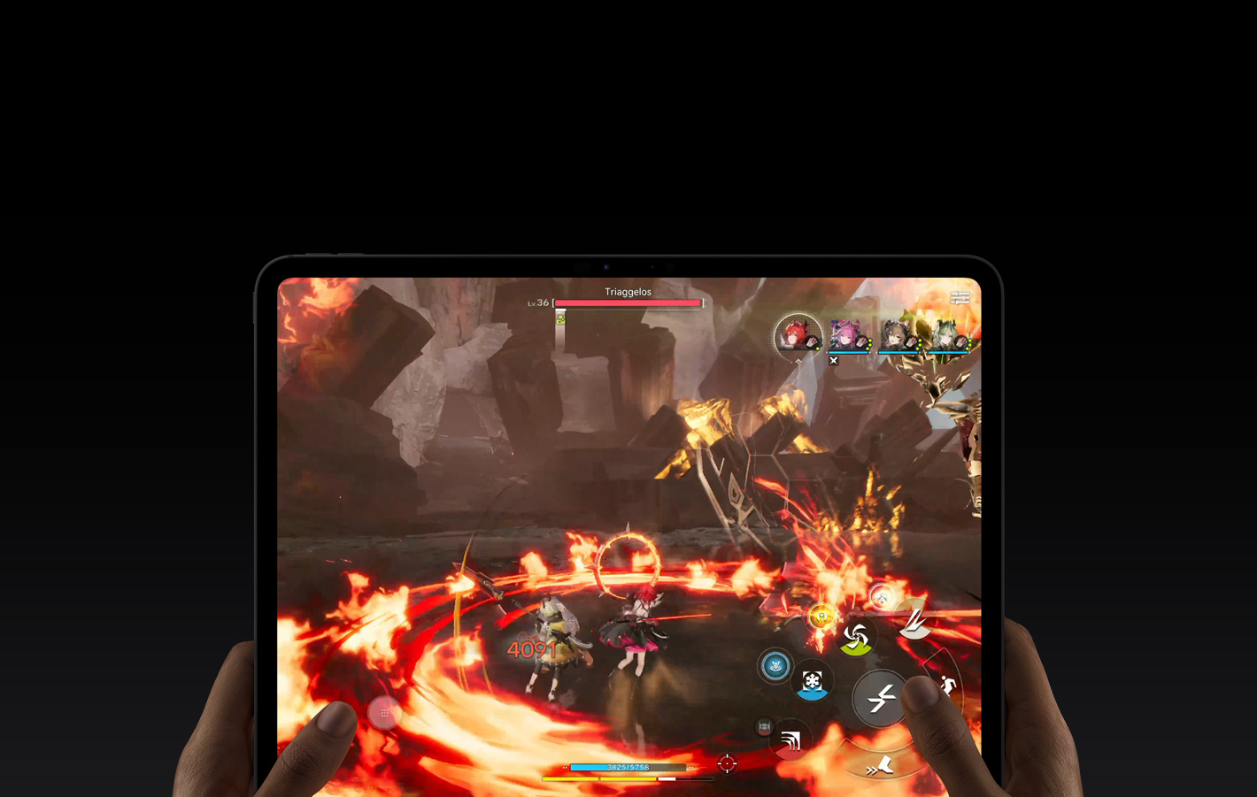 iPad Pro, Vorderansicht, eine linke und eine rechte Hand halten es im Querformat, gerundete Ecken, schwarzer Displayrand, das Display zeigt das Videospiel Arknights: Endfield