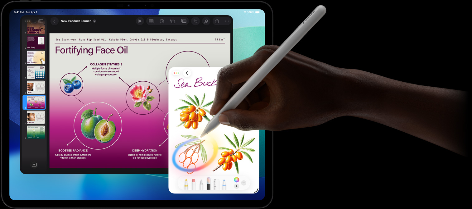 iPad Pro vist forfra, skærmen viser baggrunden i et mørkeblåt og grønt farveforløb og flere åbne apps, en hånd bruger Apple Pencil Pro til at tegne en cirkel omkring en skitse for at vise Apple Intelligence-funktionen Billedmagi